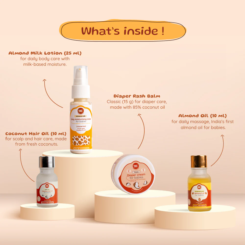 Root and Soil First Touch Baby Gift Box for Newborn | Almond Oil, Coconut Hair Oil, Almond Milk Lotion & Diaper Rash Balm | Baby Shower Gift Set - Image 2